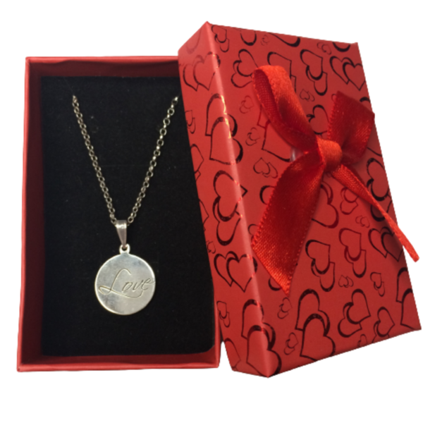 Love engraved 925 sterling silver circular pendant necklace in gift box
