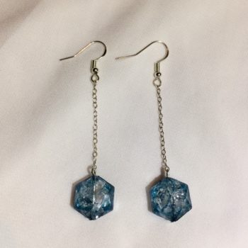 Hook earrings with chain which holds blue crackle effect beads