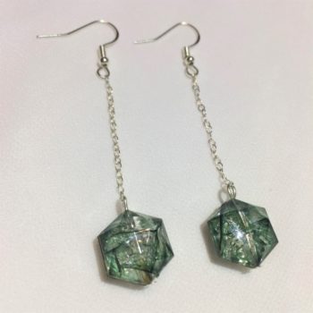 Hook earrings with chain which holds green crackle effect beads