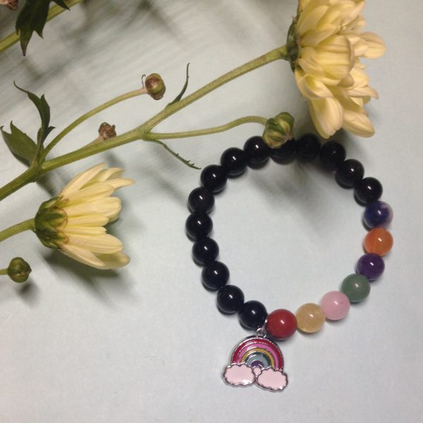 Black Obsidian rainbow elastic bracelet with charm