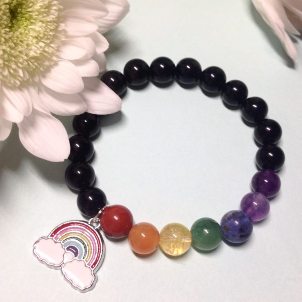 Black Obsidian rainbow elastic bracelet with charm