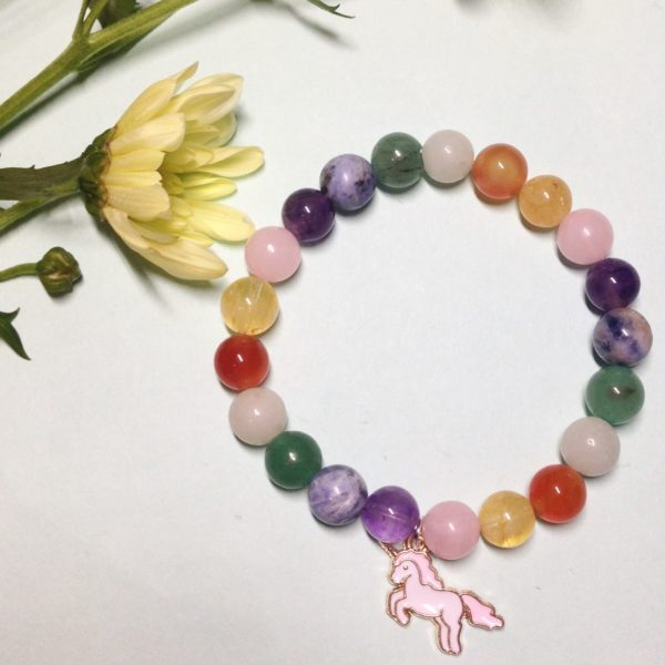 Tri-colour unicorn elastic handmade gemstone bracelet