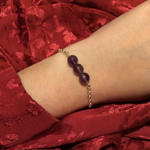 Amethyst Chain Bracelet. 3 amethyst crystal beads with 925 Sterling Silver chain and clasp