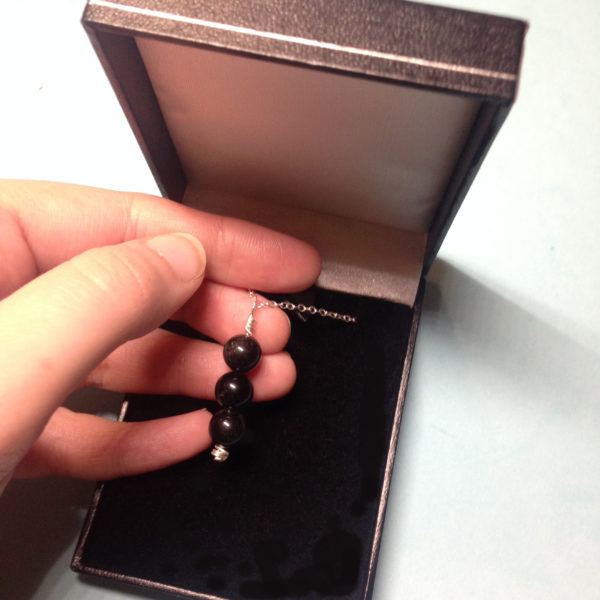 Black Obsidian triple bead 925 sterling silver necklace in gift box