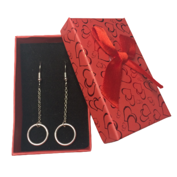 Circle of Karma Drop Chain Earrings in red heart patterned gift box