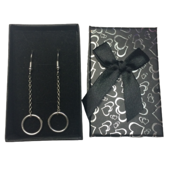 Circle of Karma Drop Chain Earrings in black heart patterned gift box