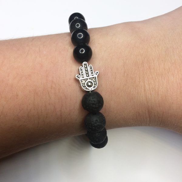 Obsidian, Lava Bead and Hand of Fatima Handmade Bracelet