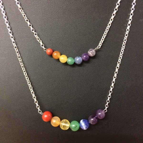 Two necklaces with 925 sterling silver chain and 6mm and 8mm gemstone beads in the order of the colours of the rainbow