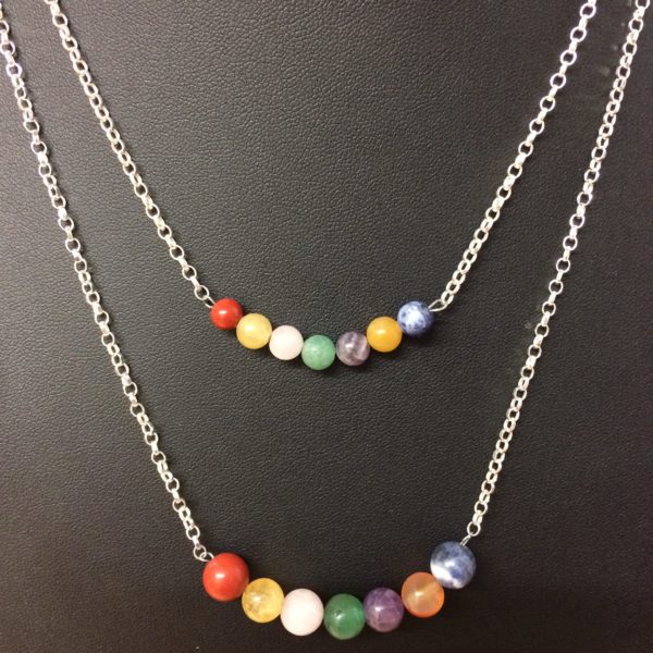 A necklace with 925 sterling silver chain and 6mm and 8mm gemstone beads in the order of the colours of the rainbow song