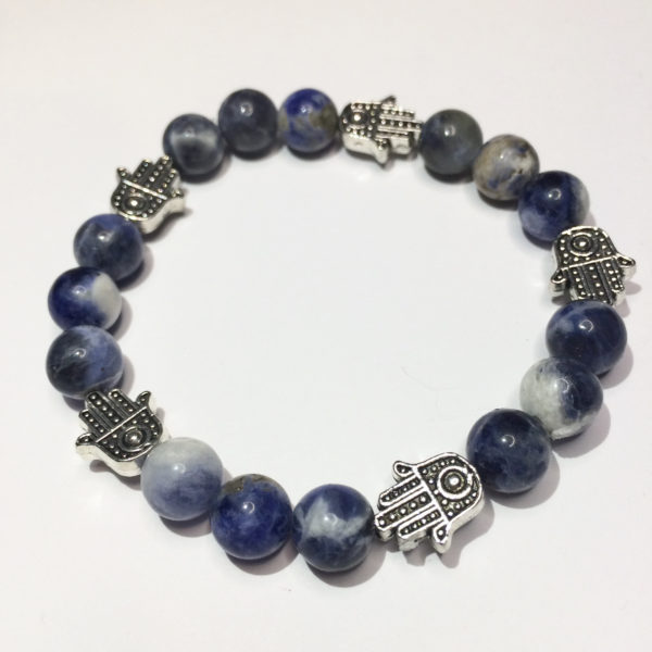 A blue sodalite gemstone bead bracelets with five silver Hand of Fatima beads