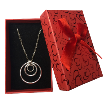 Triple Circle of Karma sterling silver handmade necklace in red heart patterned Gift Box