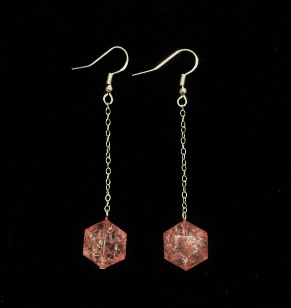 Hook earrings with chain which holds pink crackle effect beads