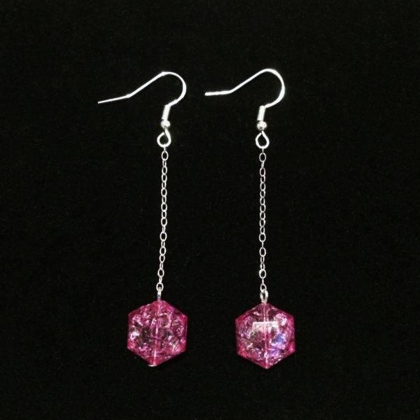 Hook earrings with chain which holds purple crackle effect beads