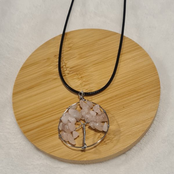Rose Quartz tree of life crystal necklace on black cord