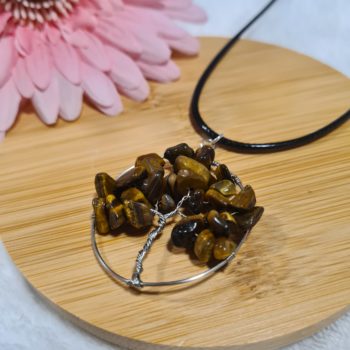 Tiger's Eye tree of life crystal necklace on black cord