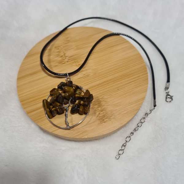 Tiger's Eye tree of life crystal necklace on black cord
