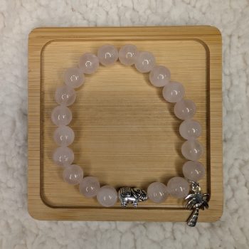 8mm Rose Quartz bracelet with silver elephant bead and palm tree charm