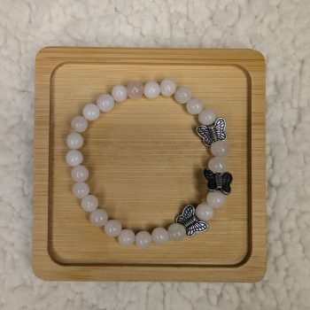 6mm Rose Quartz bracelet with 3 silver butterfly beads