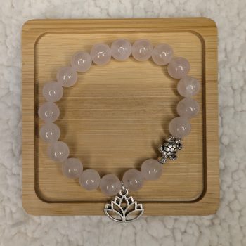 8mm Rose Quartz bracelet with silver turtle bead and a lotus charm
