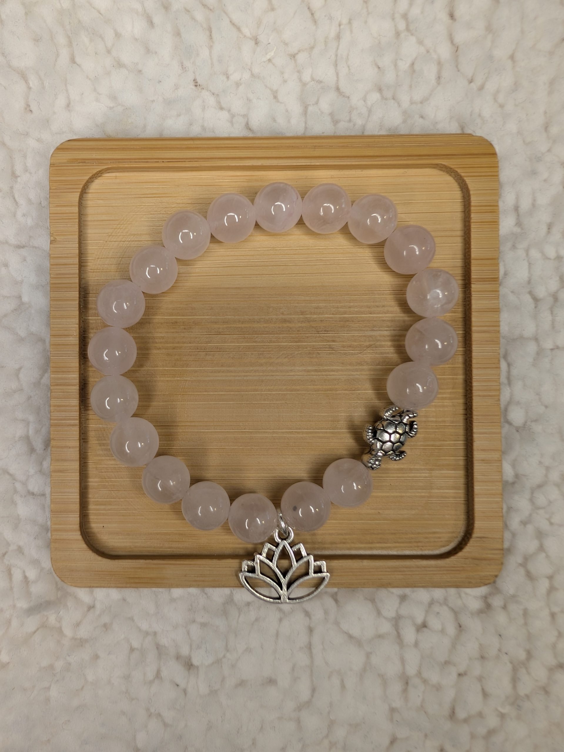 8mm Rose Quartz bracelet with silver turtle bead and a lotus charm