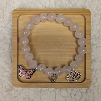 8mm Rose Quartz bracelet with three dangling charms