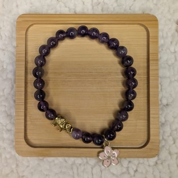 Amethyst bracelet with gold elephant bead and one flower charm