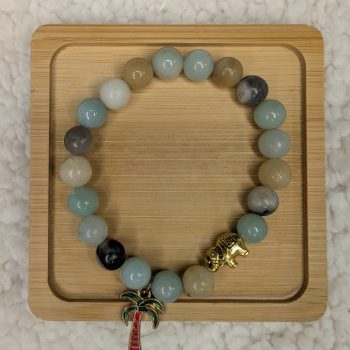 Amazonite bracelet with gold elephant bead and palm tree charm