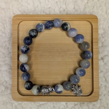 Sodalite Silver Elephant Bracelet with Hamsa Hand of Fatima charm
