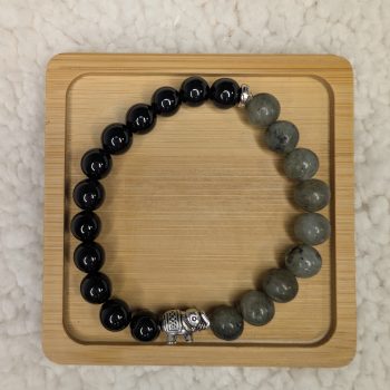 Bracelet with Black Obsidian, Labradorite and silver elephant bead