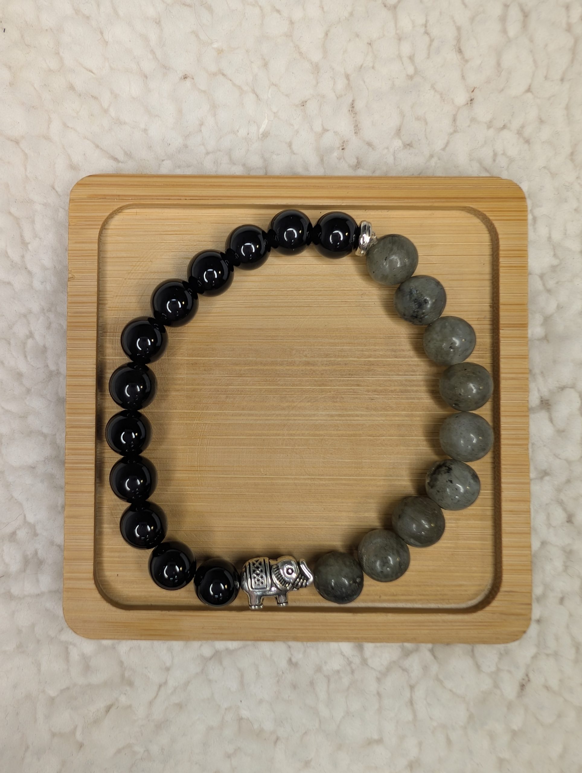 Bracelet with Black Obsidian, Labradorite and silver elephant bead