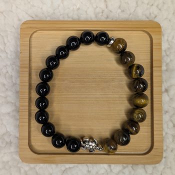 Tiger's Eye and Black obsidian bracelet with turtle bead