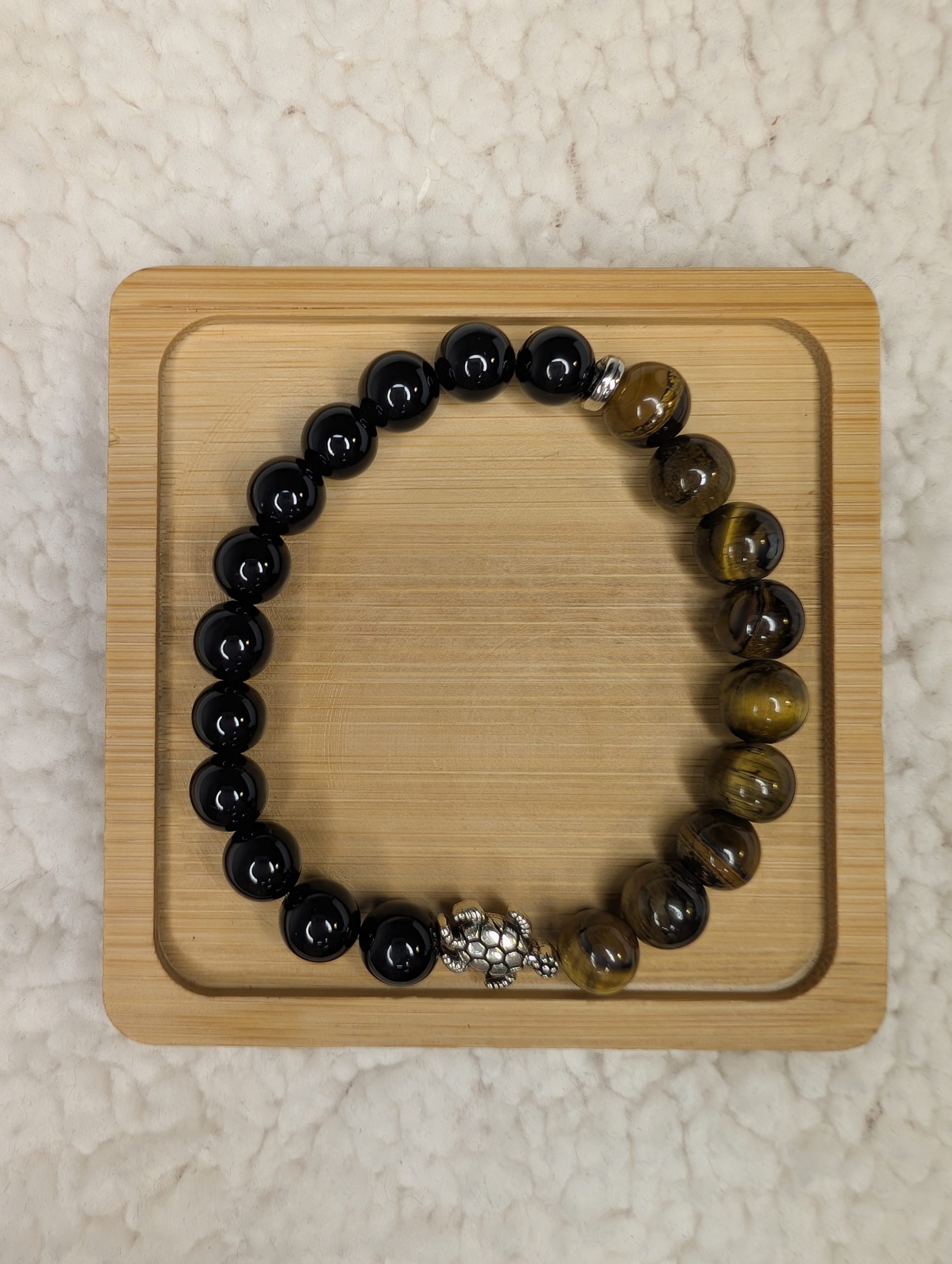 Tiger's Eye and Black obsidian bracelet with turtle bead