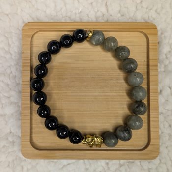 Bracelet with Black Obsidian, Labradorite and gold elephant bead