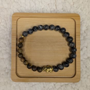 Tiger's Eye and labradorite bracelet with gold elephant bead