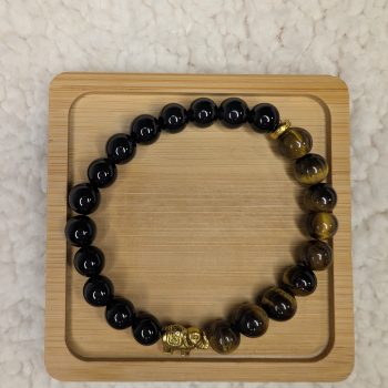 Tiger's Eye and Black obsidian bracelet with gold elephant bead