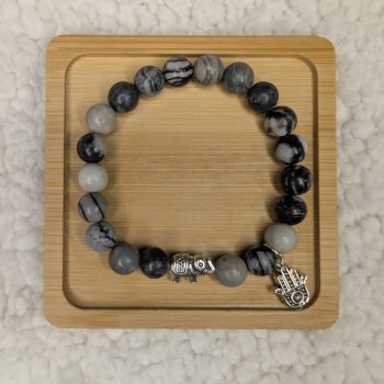 Net Jasper bracelet with silver elephant bead and hand of fatima charm