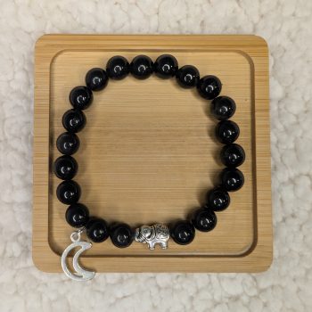 Bracelet with Black Obsidian, silver elephant bead and moon charm