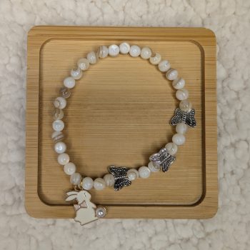 Mother of Pearl bracelet with three butterfly beads and a bunny charm