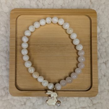 Mother of Pearl bracelet with rose quartz beads and a bunny charm